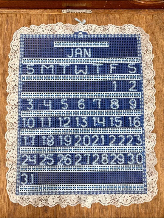 Handmade Other - NOS VTG Handmade Needlepoint Perpetual Calendar Latch Hook Lace Edge All Pieces